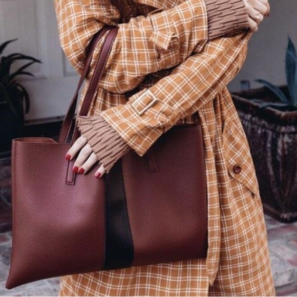 Vince Camuto Luck Tote Vegan Pebbled Leather Brown & Black Stripe NWOT - Picture 1 of 8